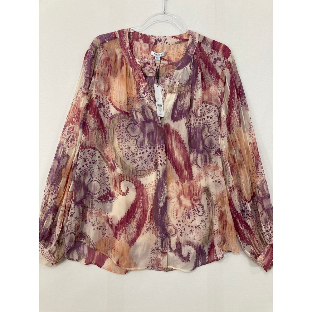 New Chico's Georgette Blouse size XL/3 Multi Paisley Artsy Button Down Preppy